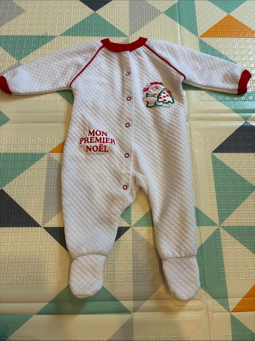 20/25$ 🧸 Baby One-Piece Footed Pajama - White with Red Trim - Mon Premier Noël
